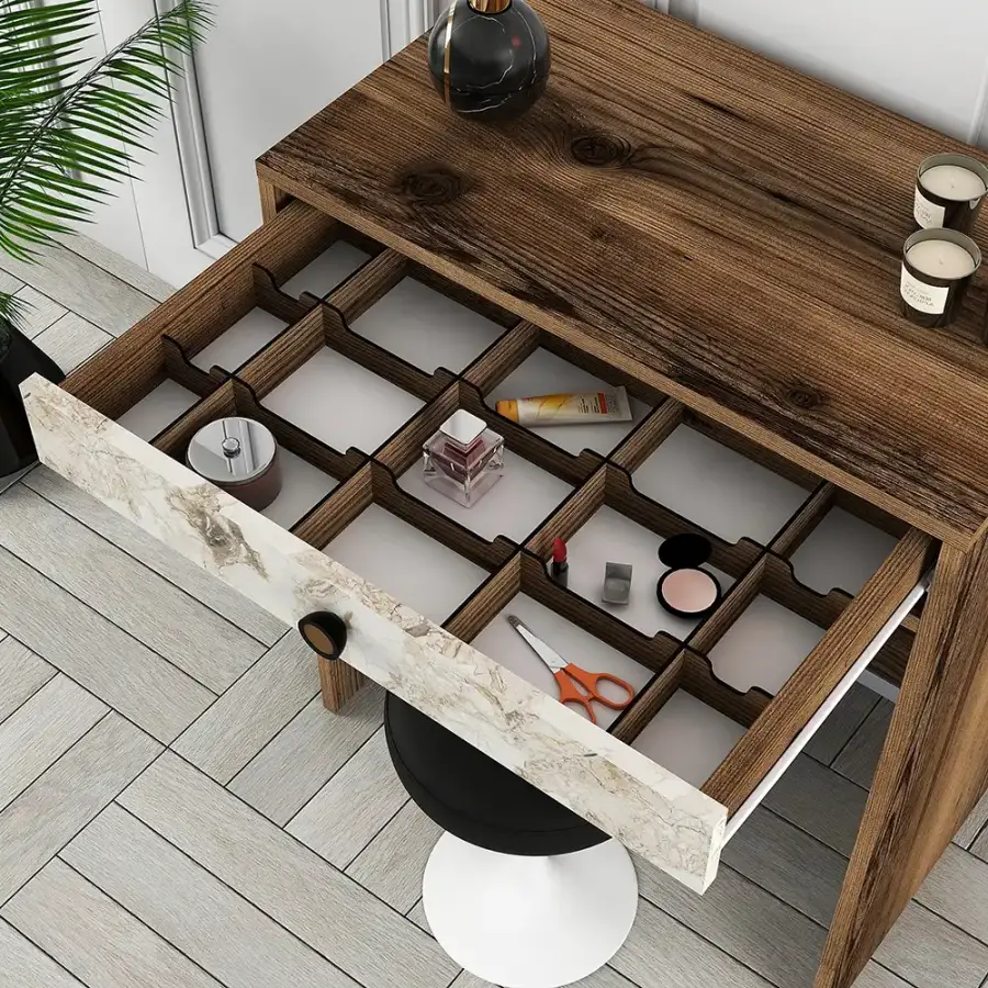 Lizbon Güzgülü Mini Makiyaj Masası - Cəviz/Ağ Mərmər - 4