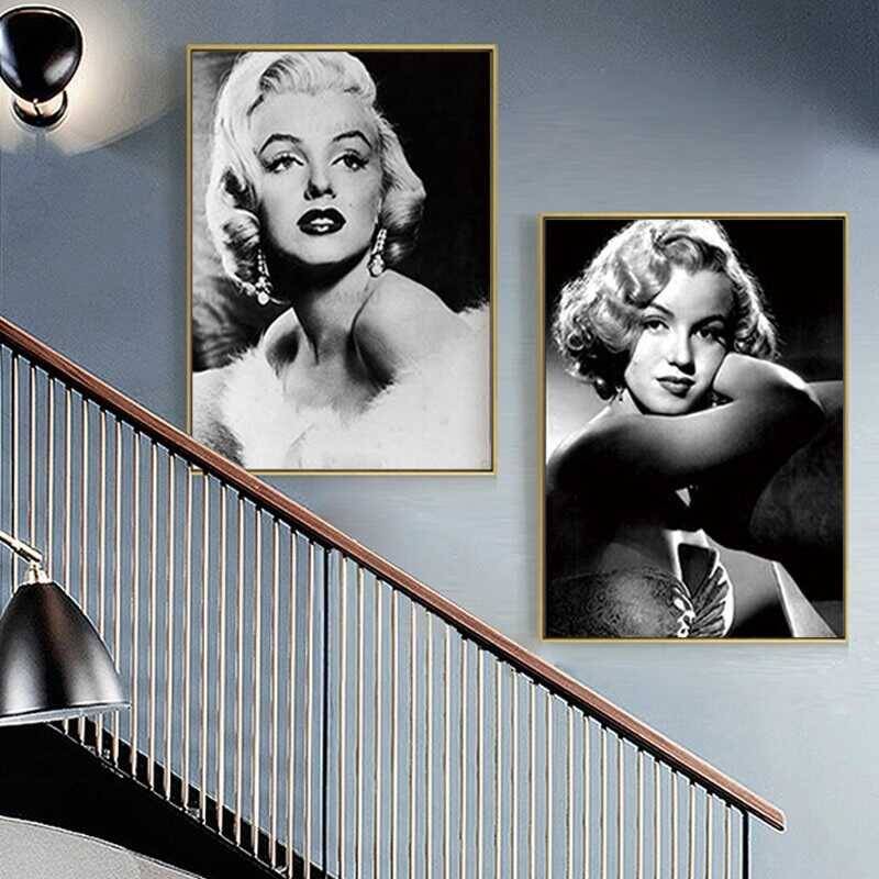 Marilyn Monroe Black and White Photo Famous Vintage 2'li Kətan Tablo Seti - 1