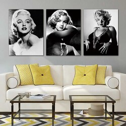 Marilyn Monroe Black and White Photo Famous Vintage 3'lü Kətan Tablo Seti - 1
