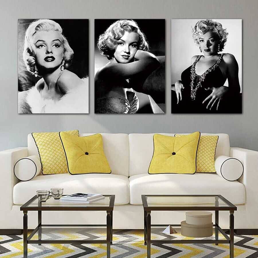 Marilyn Monroe Black and White Photo Famous Vintage 3'lü Kətan Tablo Seti - 1