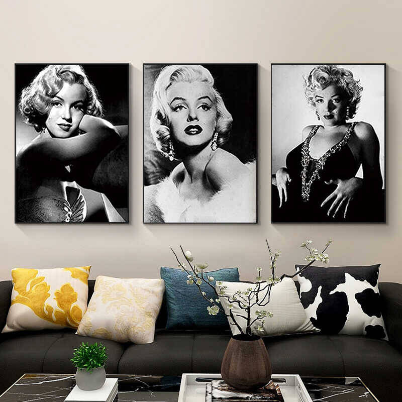 Marilyn Monroe Black and White Photo Famous Vintage 3'lü Kətan Tablo Seti - 2