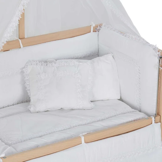 Modern Anne Yanı 60x120 Naturel Tekerlekli Beşik - Beyaz Uyku Seti