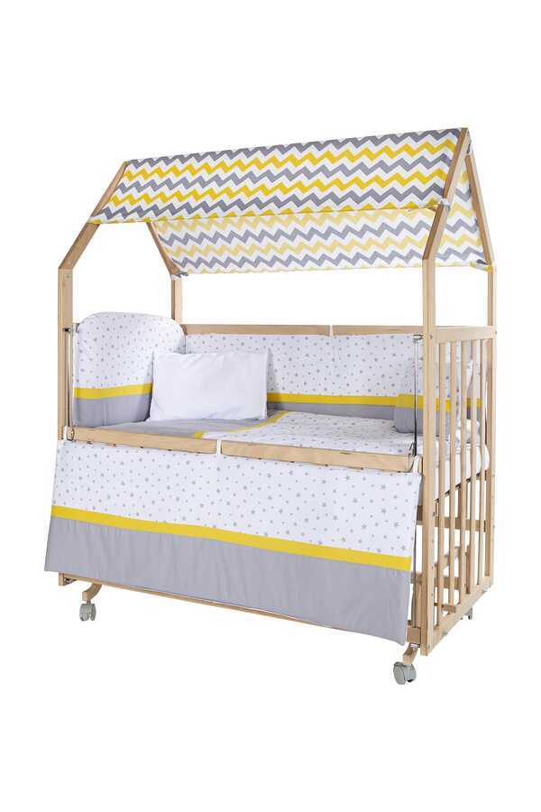 Montessori Anne Yanı 60x120 Naturel Tekerlekli Beşik - Sarı Biyeli Uyku Seti