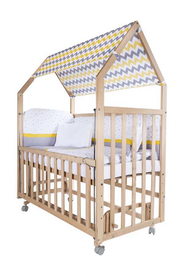 Montessori Anne Yanı 60x120 Naturel Tekerlekli Beşik - Sarı Biyeli Uyku Seti