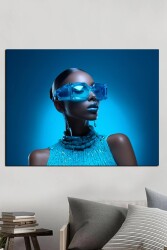 Neon Mavi Gözlüklü Siyahi Kadın Kanvas Tablo - Markaev