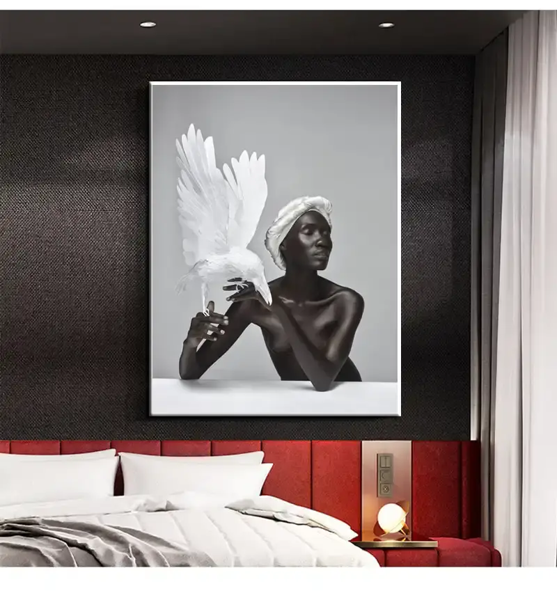 Nude Black Woman and White Eagle Kətan Tablo TB1484 - 1