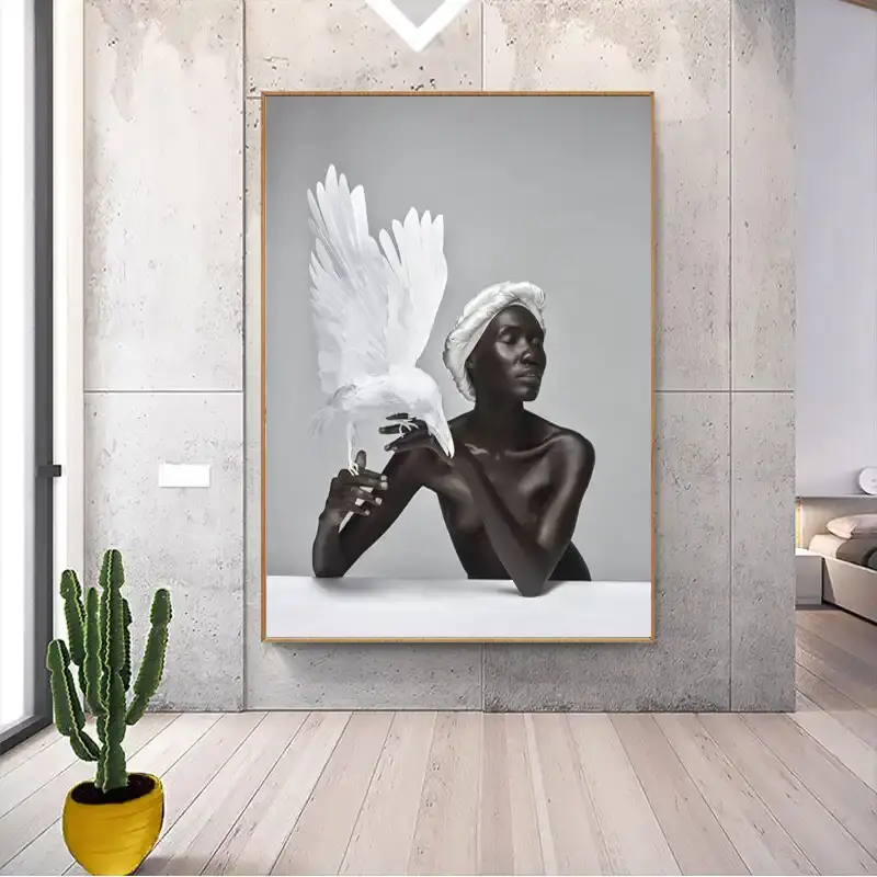Nude Black Woman and White Eagle Kətan Tablo TB1484 - 2