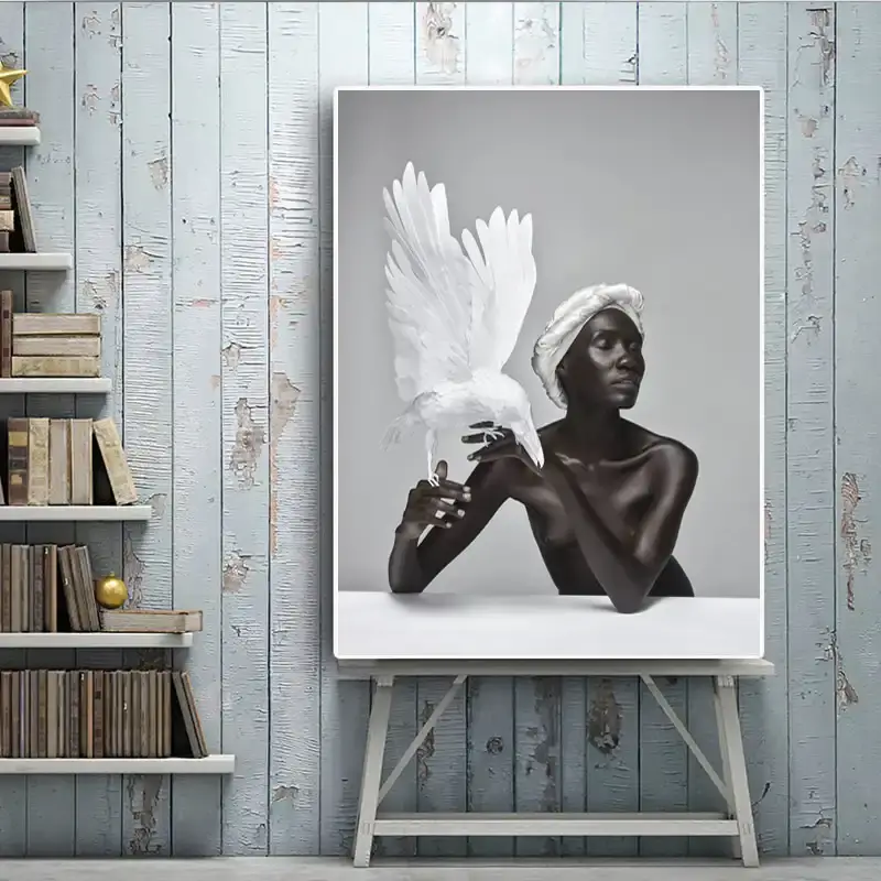 Nude Black Woman and White Eagle Kətan Tablo TB1484 - 4