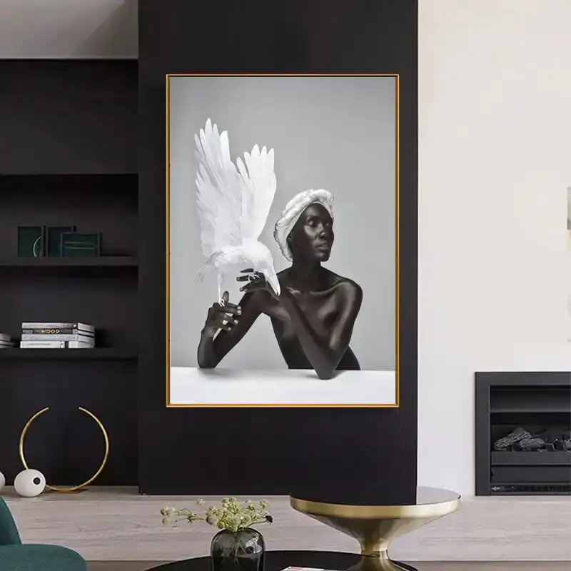 Nude Black Woman and White Eagle Kətan Tablo TB1484 - 5