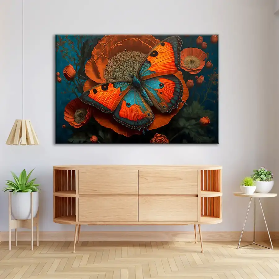 Orange Blue Butterfly Kətan Tablo TB2054 - 1