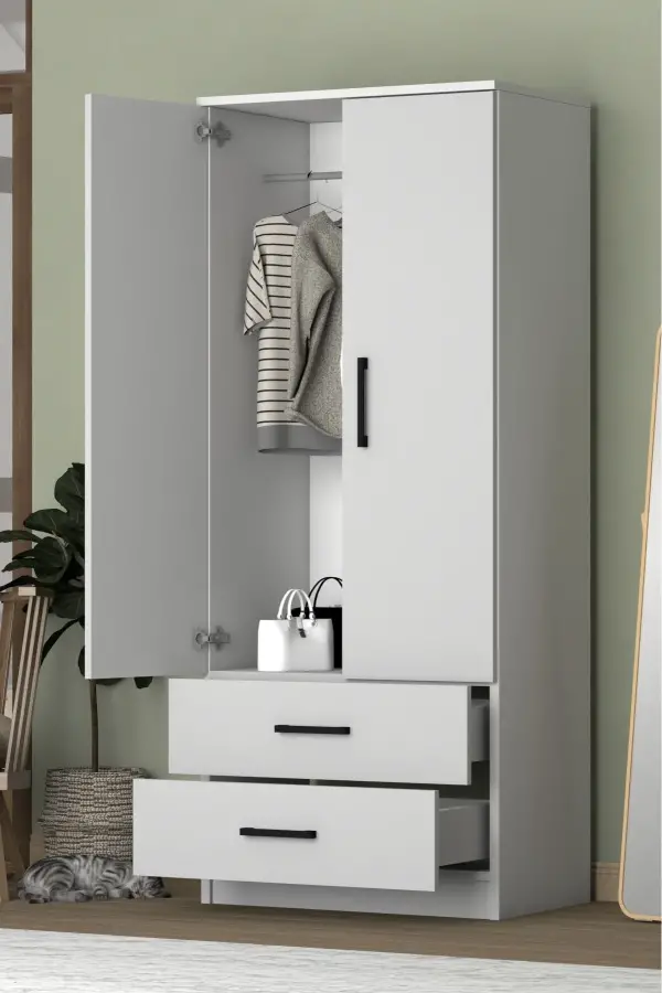 Point 2 Qapılı və Siyirtməli Geyim Dolabı - Ağ - 4