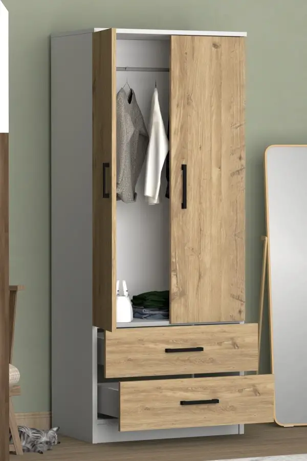 Point 2 Qapılı və Siyirtməli Geyim Dolabı - Meşə/Ağ - 4