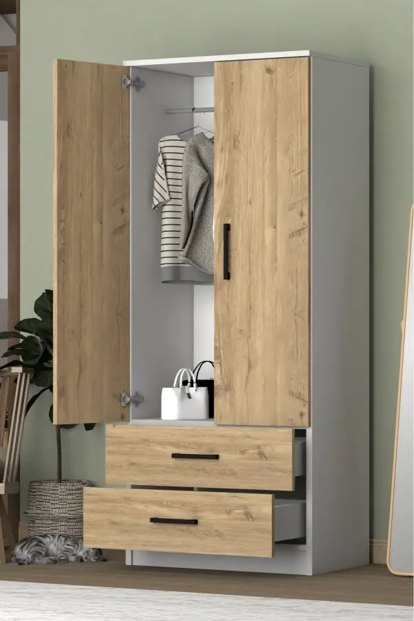 Point 2 Qapılı və Siyirtməli Geyim Dolabı - Meşə/Ağ - 3