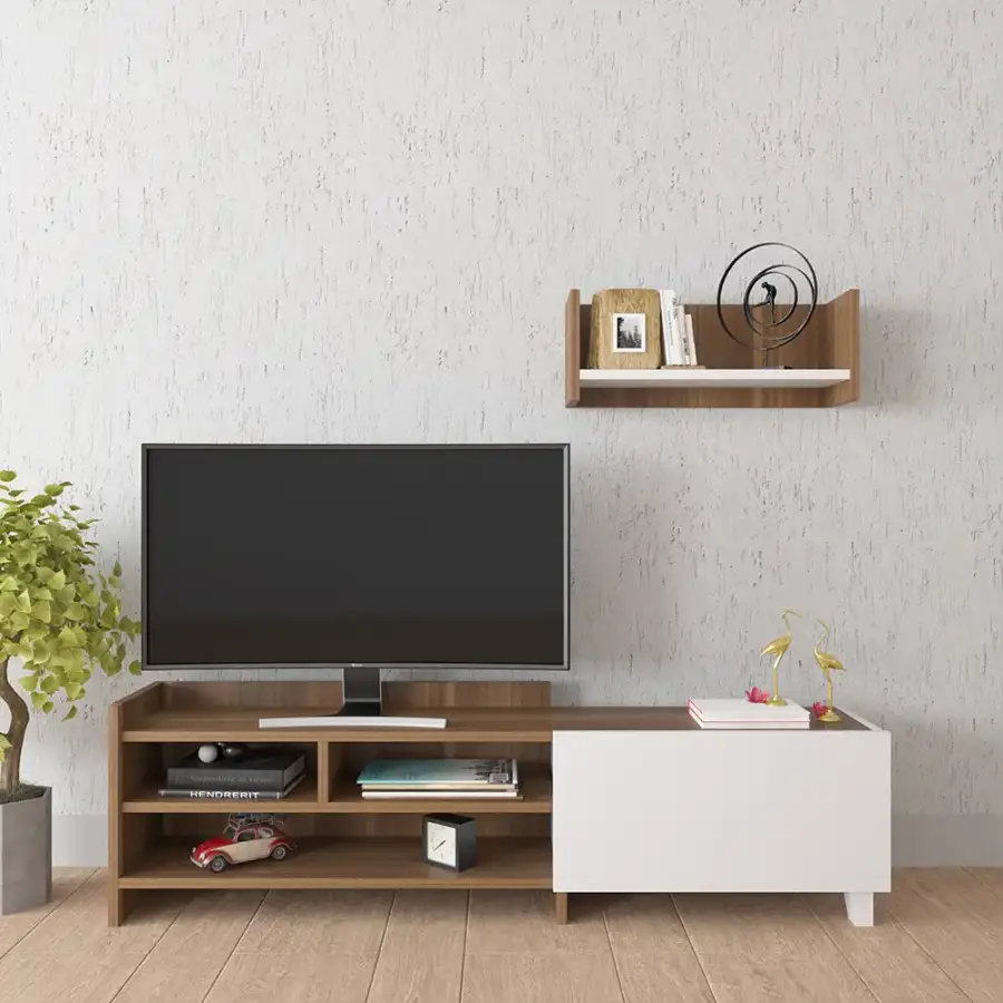 Pyrus Divar Rəfli Tv Stend - Ağ/Cəviz - 1
