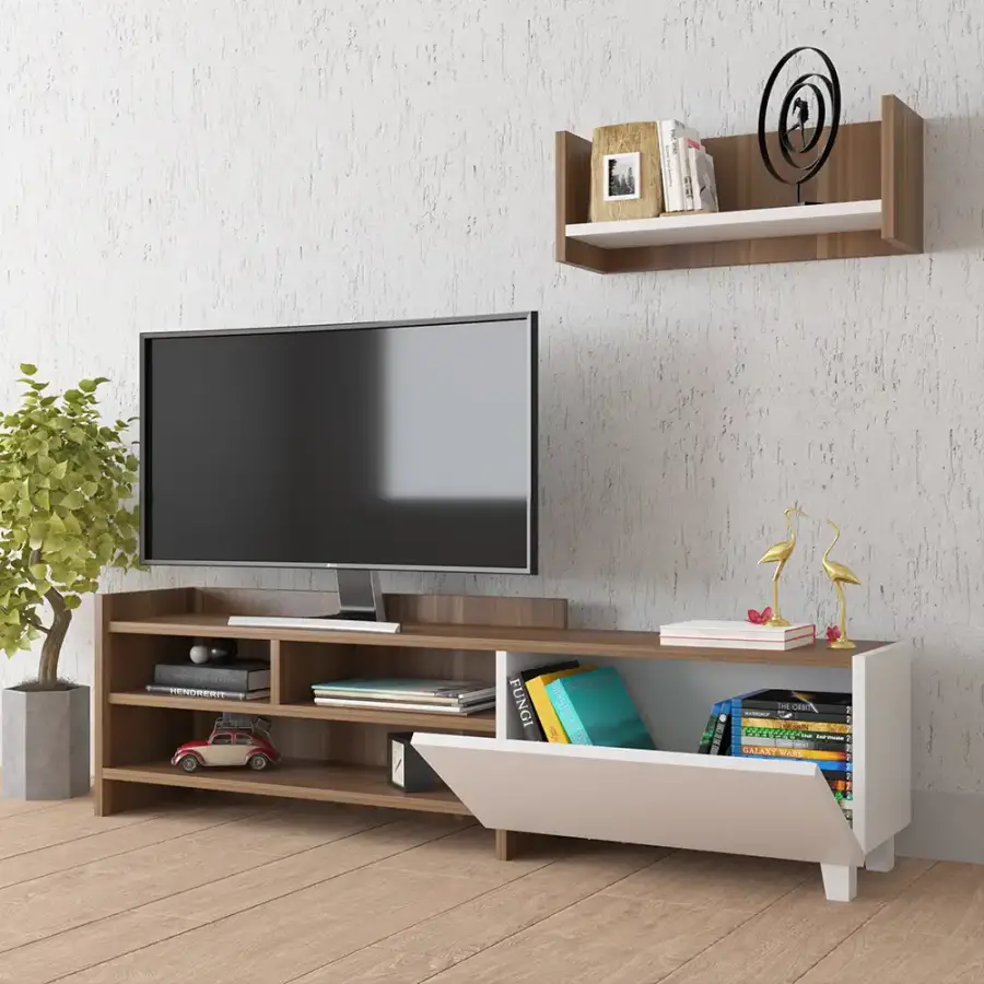 Pyrus Divar Rəfli Tv Stend - Ağ/Cəviz - 2