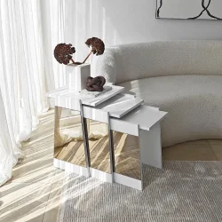 Queen 3'lü Zigon Sehpa - Ağ/Bronz Güzgü - 1