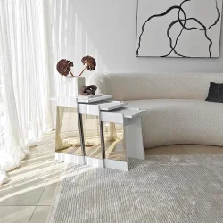 Queen 3'lü Zigon Sehpa - Ağ/Bronz Güzgü - 3