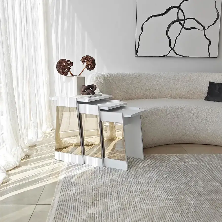 Queen 3'lü Zigon Sehpa - Ağ/Bronz Güzgü - 3