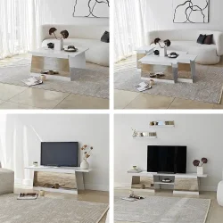 Queen 3'lü Zigon Sehpa - Ağ/Bronz Güzgü - 4