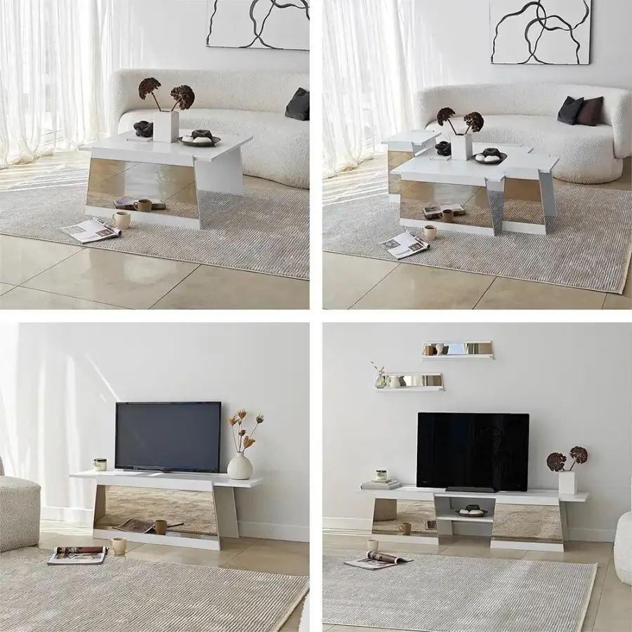 Queen 3'lü Zigon Sehpa - Ağ/Bronz Güzgü - 4