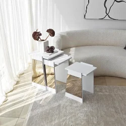 Queen 3'lü Zigon Sehpa - Ağ/Bronz Güzgü - 5