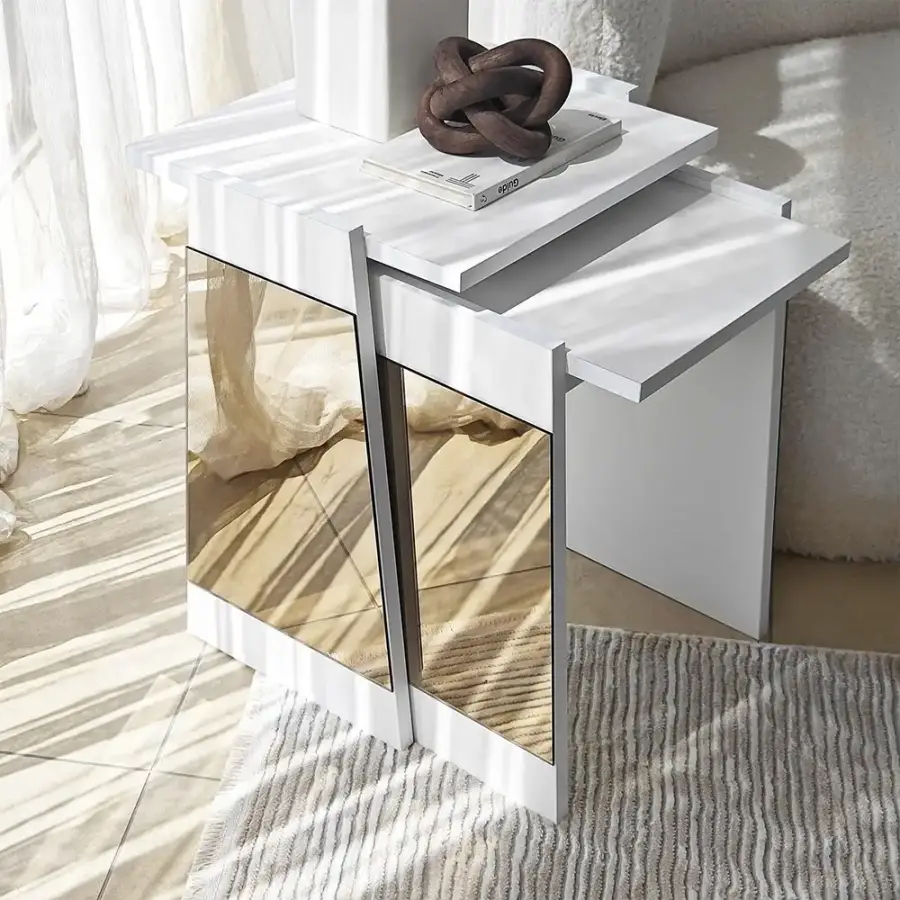 Queen 3'lü Zigon Sehpa - Ağ/Bronz Güzgü - 6