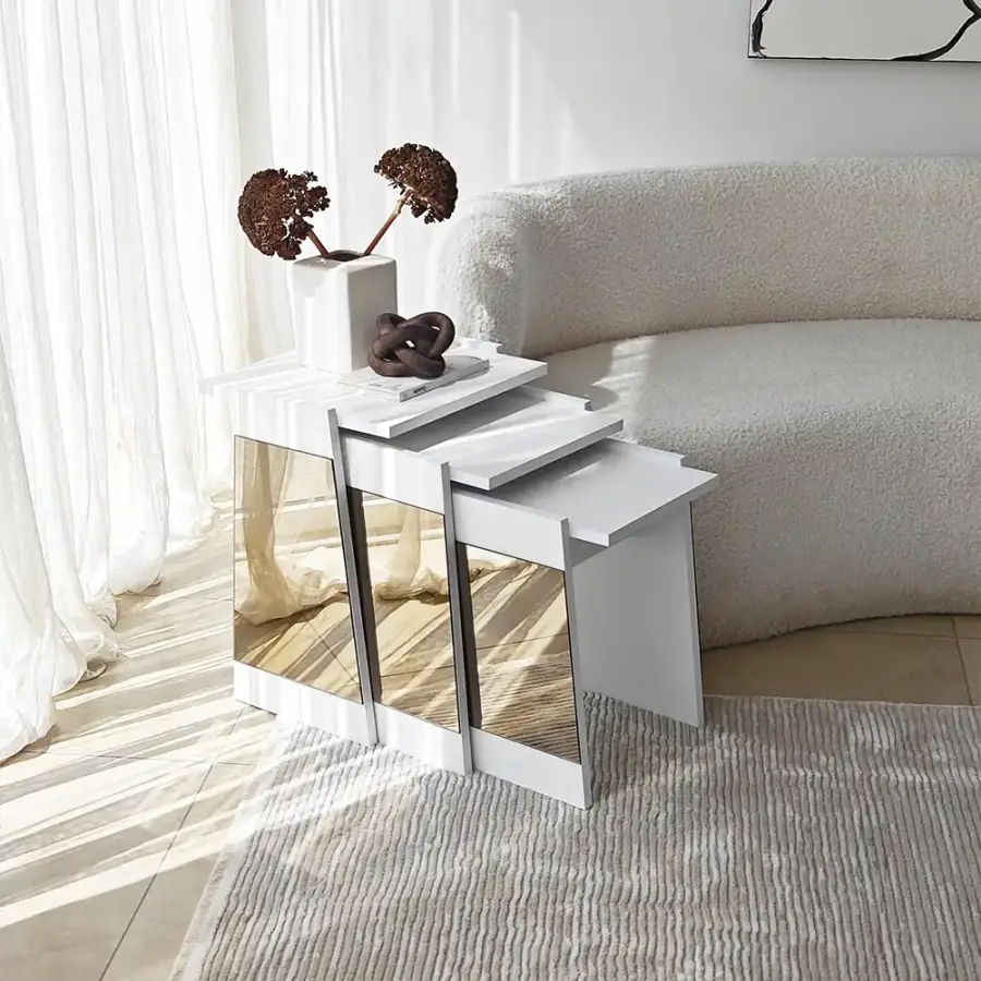 Queen 3'lü Zigon Sehpa - Ağ/Bronz Güzgü - 7