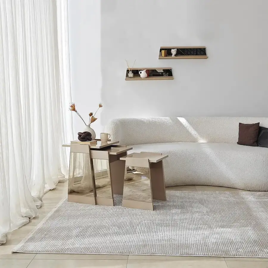 Queen 3'lü Zigon Sehpa - Krem/Bronz Güzgü - 2