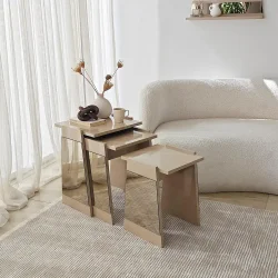 Queen 3'lü Zigon Sehpa - Krem/Bronz Güzgü - 3