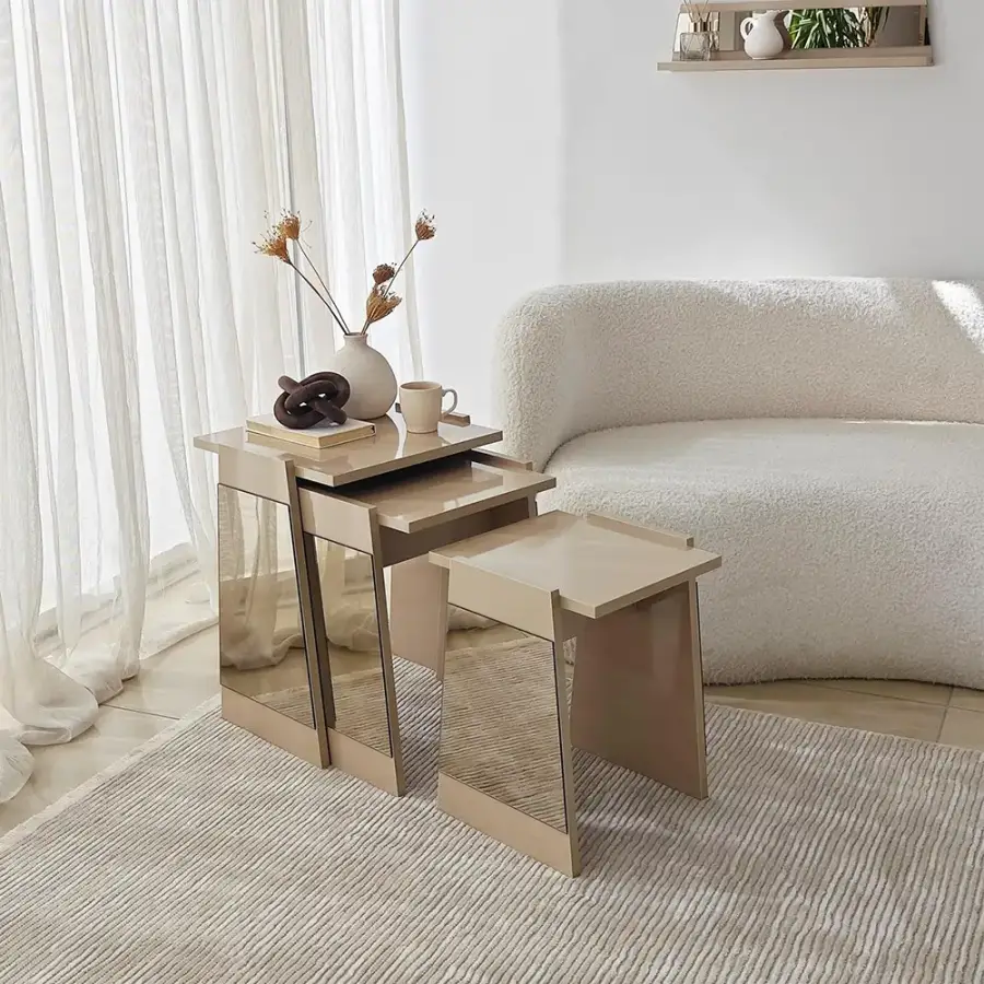 Queen 3'lü Zigon Sehpa - Krem/Bronz Güzgü - 3