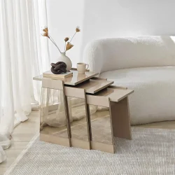 Queen 3'lü Zigon Sehpa - Krem/Bronz Güzgü 