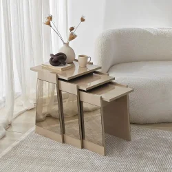 Queen 3'lü Zigon Sehpa - Krem/Bronz Güzgü - 6