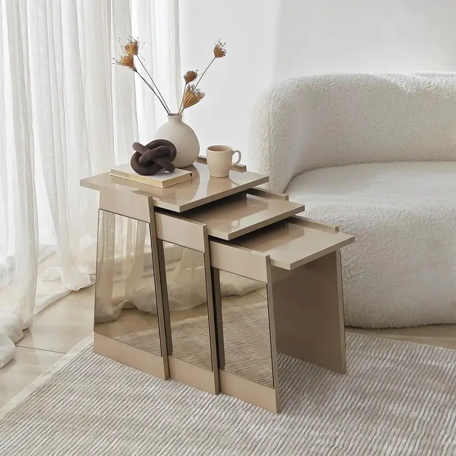 Queen 3'lü Zigon Sehpa - Krem/Bronz Güzgü - 6