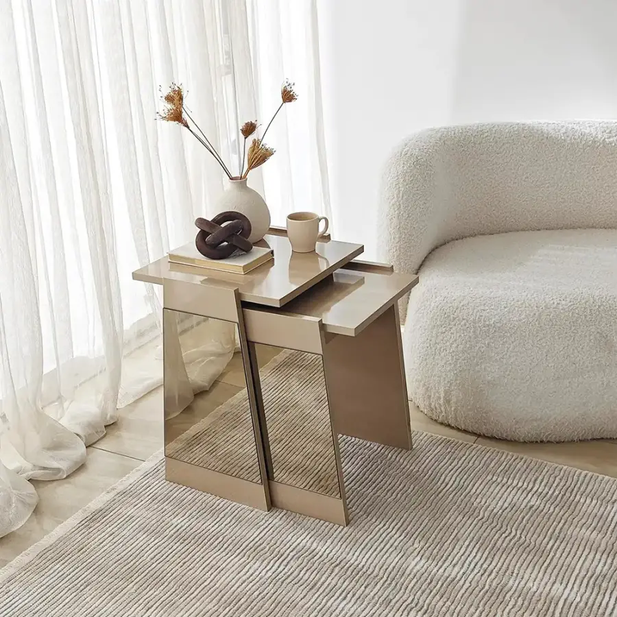 Queen 3'lü Zigon Sehpa - Krem/Bronz Güzgü - 7