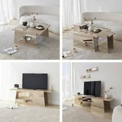 Queen 3'lü Zigon Sehpa - Krem/Bronz Güzgü - 8