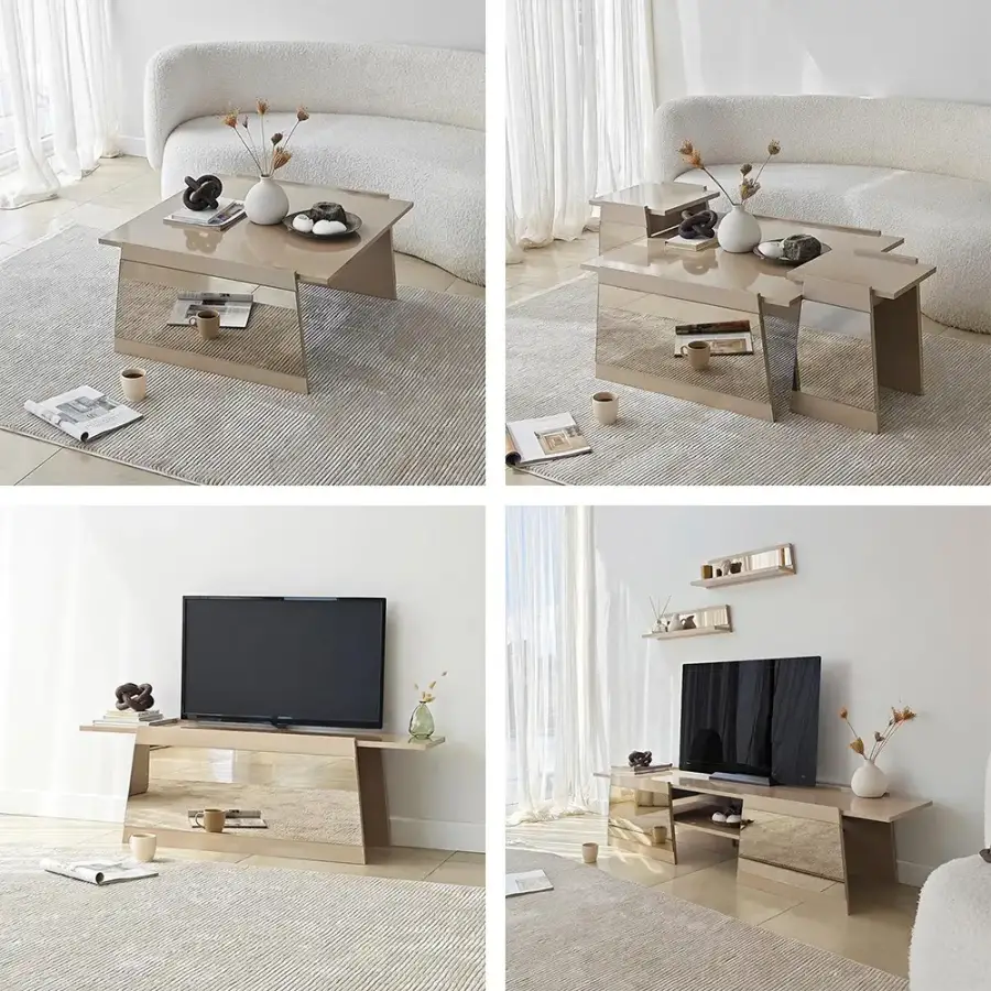 Queen 3'lü Zigon Sehpa - Krem/Bronz Güzgü - 8