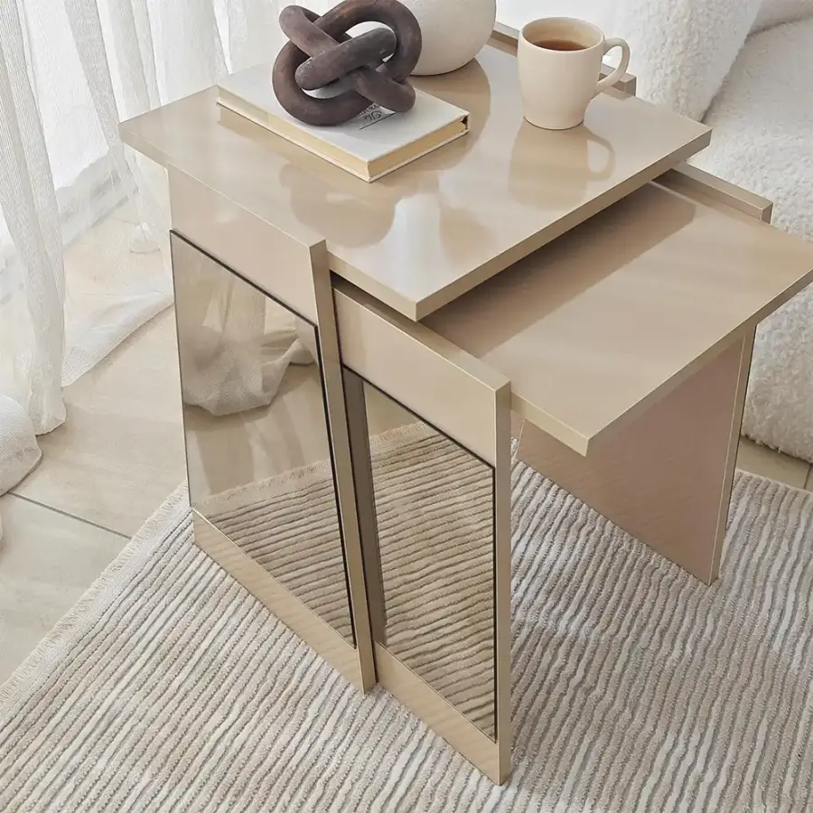 Queen 3'lü Zigon Sehpa - Krem/Bronz Güzgü - 9