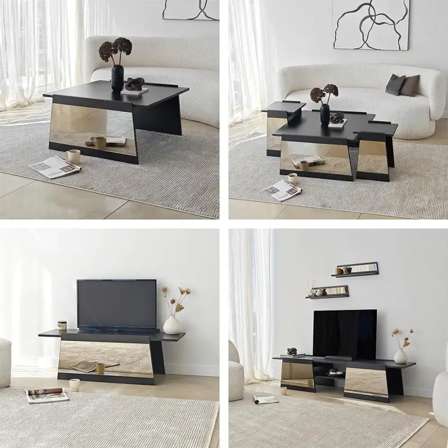 Queen 3'lü Zigon Sehpa - Qara/Bronz Güzgü - 4