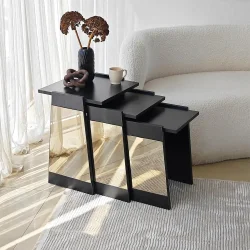 Queen 3'lü Zigon Sehpa - Qara/Bronz Güzgü 