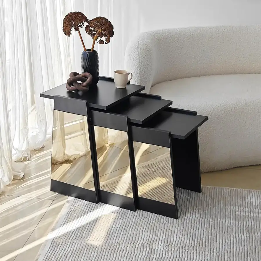 Queen 3'lü Zigon Sehpa - Qara/Bronz Güzgü - 1