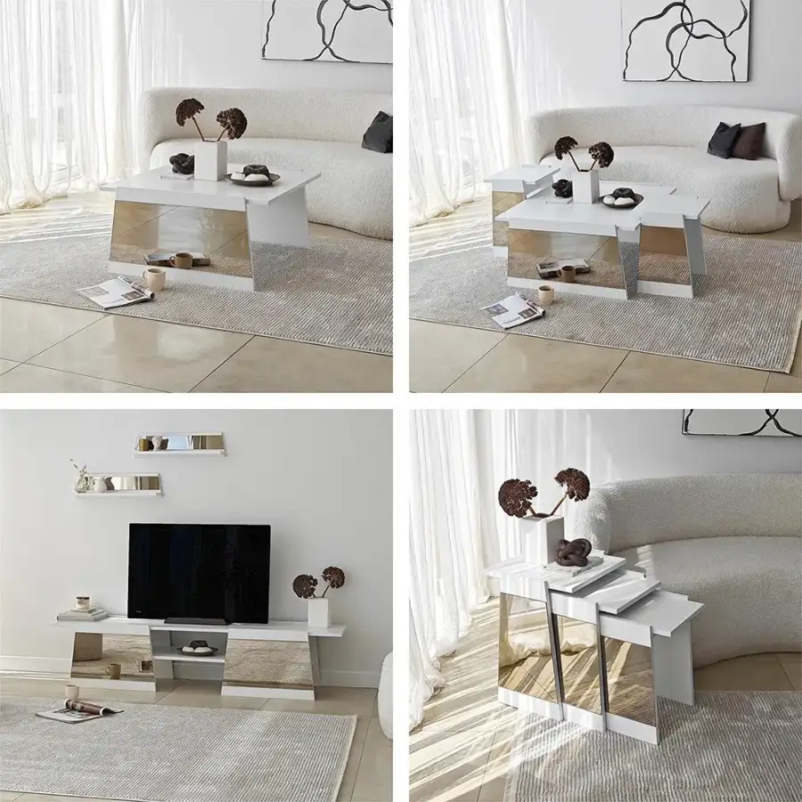 Queen Güzgülü Tv Stend 120cm - Ağ/Bronz Güzgü - 6