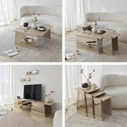 Queen Güzgülü Tv Stend 120cm - Krem/Bronz Güzgü - 7