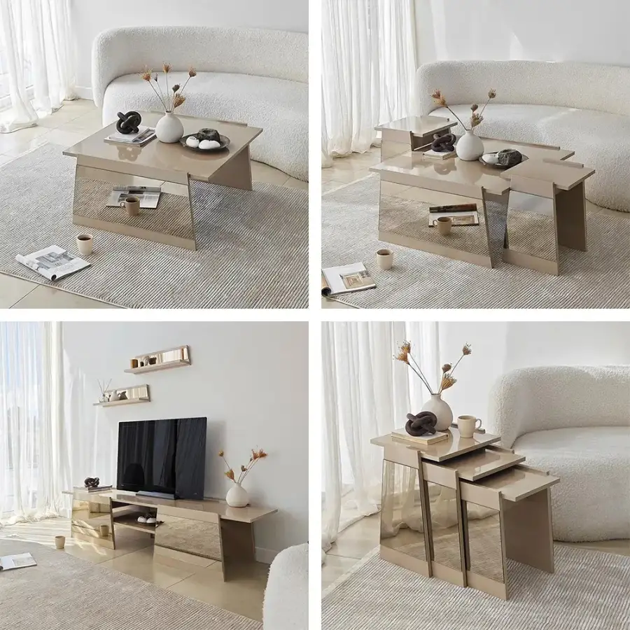 Queen Güzgülü Tv Stend 120cm - Krem/Bronz Güzgü - 7