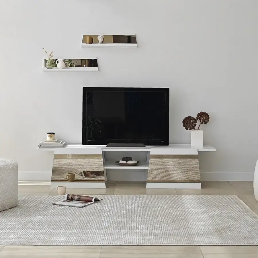 Queen Güzgülü Tv Stend 180cm - Ağ/Bronz Güzgü - 2