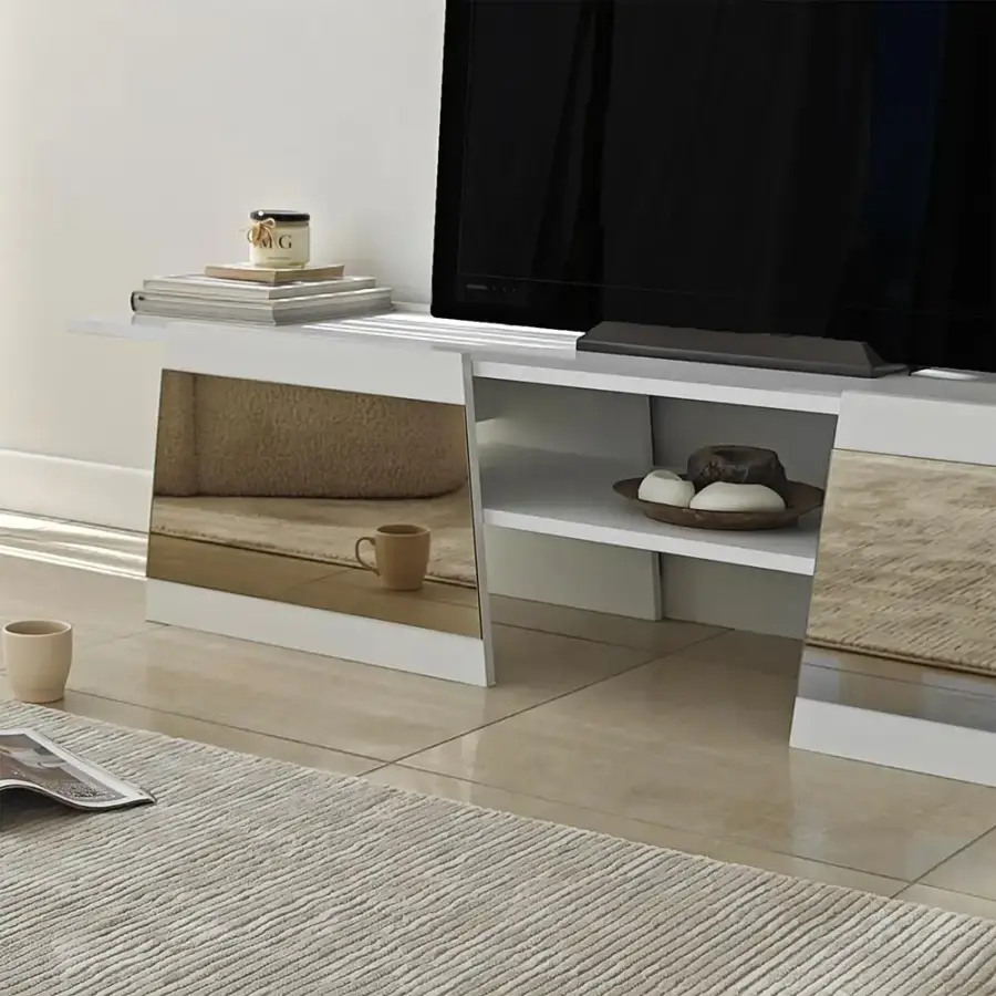 Queen Güzgülü Tv Stend 180cm - Ağ/Bronz Güzgü - 10