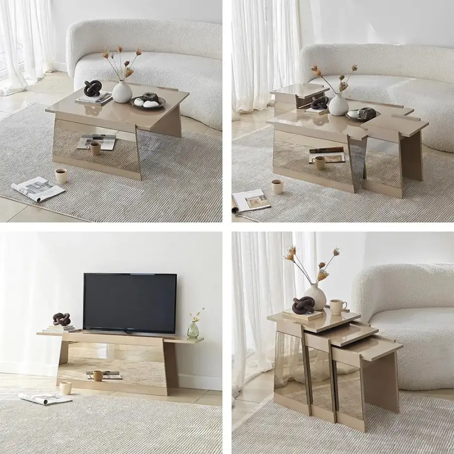 Queen Güzgülü Tv Stend 180cm - Krem/Bronz Güzgü - 9