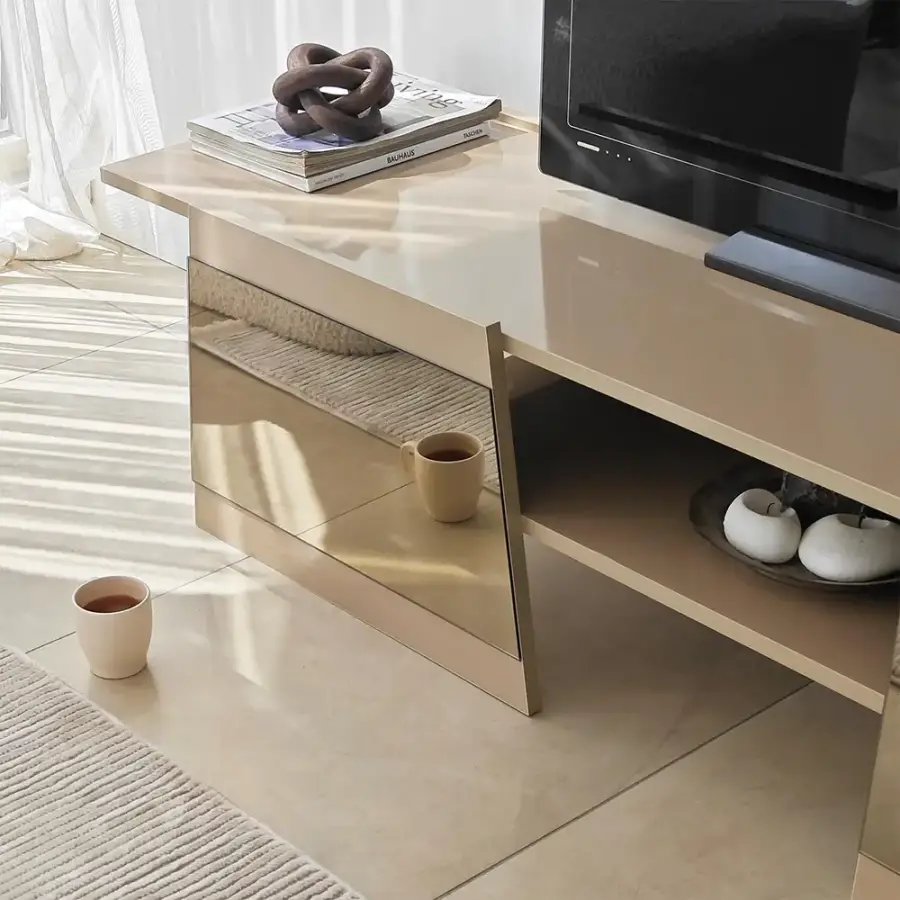 Queen Güzgülü Tv Stend 180cm - Krem/Bronz Güzgü - 5