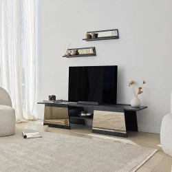 Queen Güzgülü Tv Stend 180cm - Qara/Bronz Güzgü 