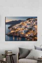 Sahile Karşı Işıklı Beyaz Ev Manzarası Kətan Tablo - Markaev