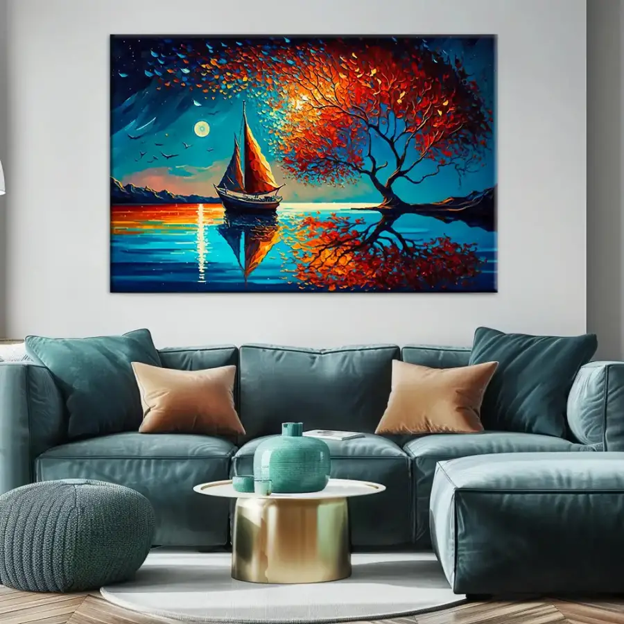 Sailboat With Moon Kətan Tablo TB2058 - 1